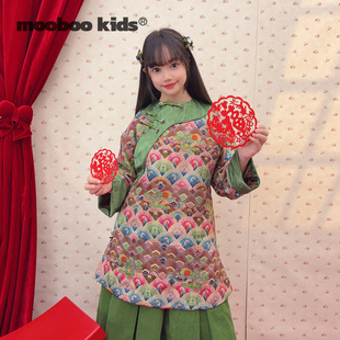 墨宝童装 MoobooKids_绿色云锦繁云旗袍裙上衣+绿色灯芯绒裙子