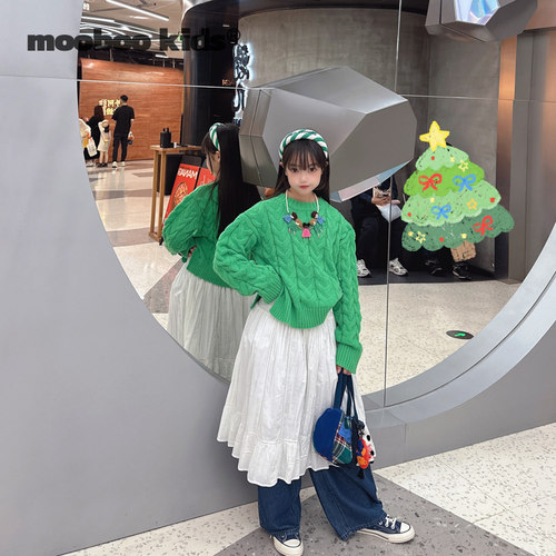 墨宝童装 _秋冬那抹正绿色麻花毛衣+拼接仙女飘飘混搭四季白裙子