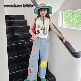 墨宝童装_全手工订珠彩色螺纹背心+手工钩花海绵宝联名轻薄蓝牛仔