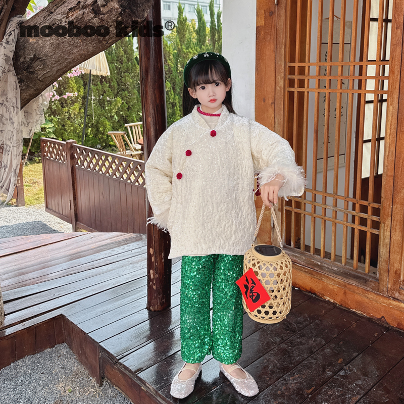 MoobooKids_红色流苏丝绒亮片压棉压花外套+绿色亮片裤子中式年服