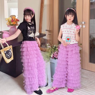 独家原创款黑猫刺绣短款高弹天丝棉T恤+紫粉层层蕾丝裤+钩花背心