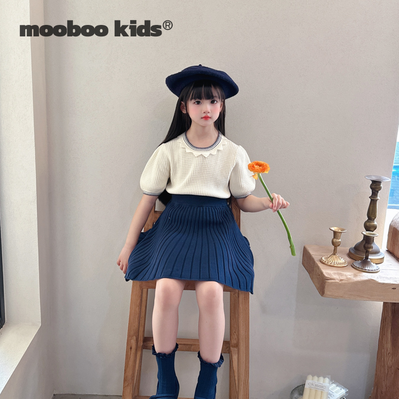 【夏日轻薄软糯】纯棉针织白色娃娃领上衣+针织棉线蓝色百褶半裙