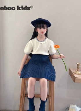 【夏日轻薄软糯】纯棉针织白色娃娃领上衣+针织棉线蓝色百褶半裙