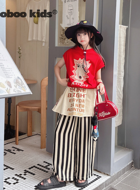 墨宝童装_夏季薄透爽滑亚麻围裙裤+插画红背心+y2k风小猫背心