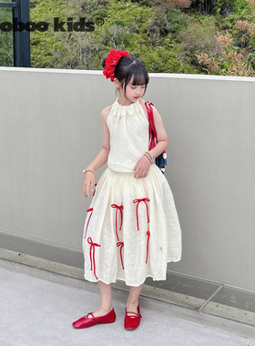 MoobooKids_白色麻料绑带大蝴蝶结背心+红色蝴蝶结两穿半裙