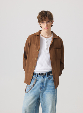 APOECHO 夹克男薄款2025新款美式复古重工时尚牛皮绒翻领工装外套