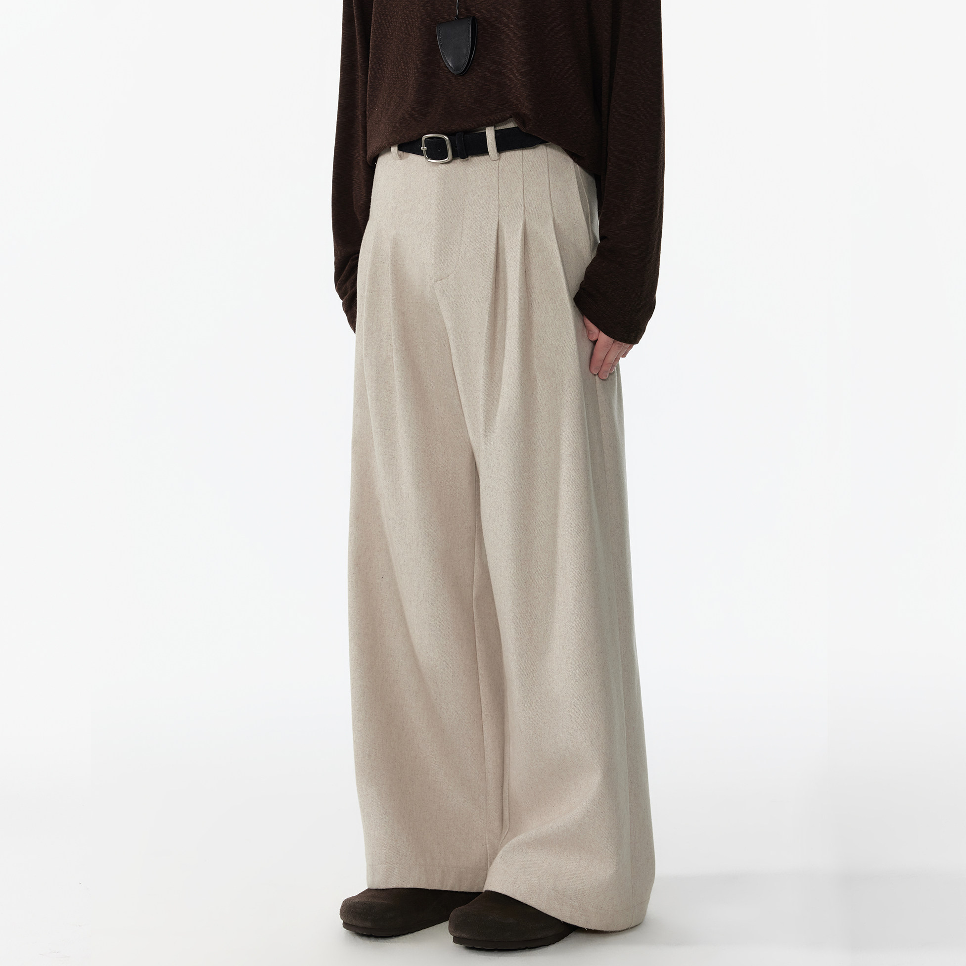 APOECHO 男士新款米白色多褶羊毛混纺阔腿西装裤复古高级垂感长裤,男装,休闲裤,淘宝优惠券,粉丝福利购,淘宝优惠卷