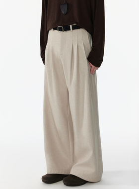 APOECHO 男士新款米白色多褶羊毛混纺阔腿西装裤复古高级垂感长裤