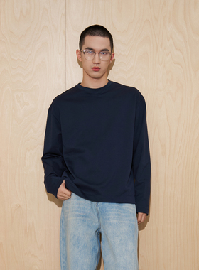 APOECHO 韩版圆领长袖T恤男女藏青时尚简约内搭休闲打底衫上衣