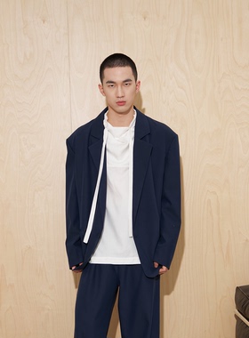 APOECHO 休闲西装外套男春季藏青色双排扣设计廓形短款垂感外套