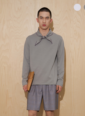 APOECHO 时尚蝴蝶结系带磨毛半高领打底衫男女休闲百搭长袖T恤