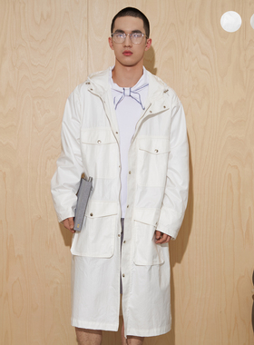 APOECHO 英伦风中长款过膝连帽雨衣男纯色简约多口袋风衣外套