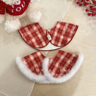 韩国ins新年款宝宝满月宴红格子蝴蝶结毛毛领 围兜口水巾帽子套装