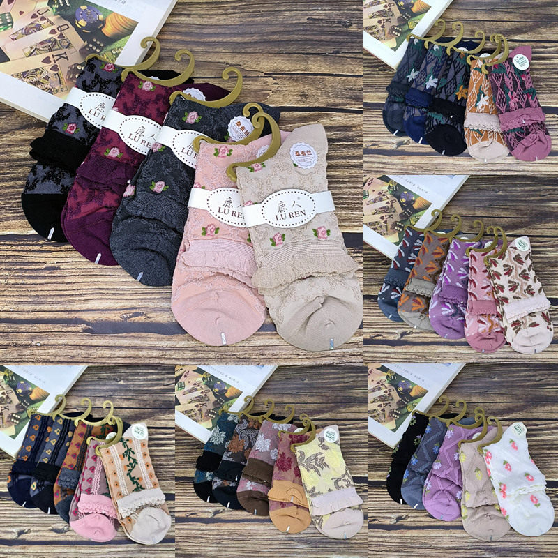 鹿人女袜6019桑蚕丝提花中筒袜子