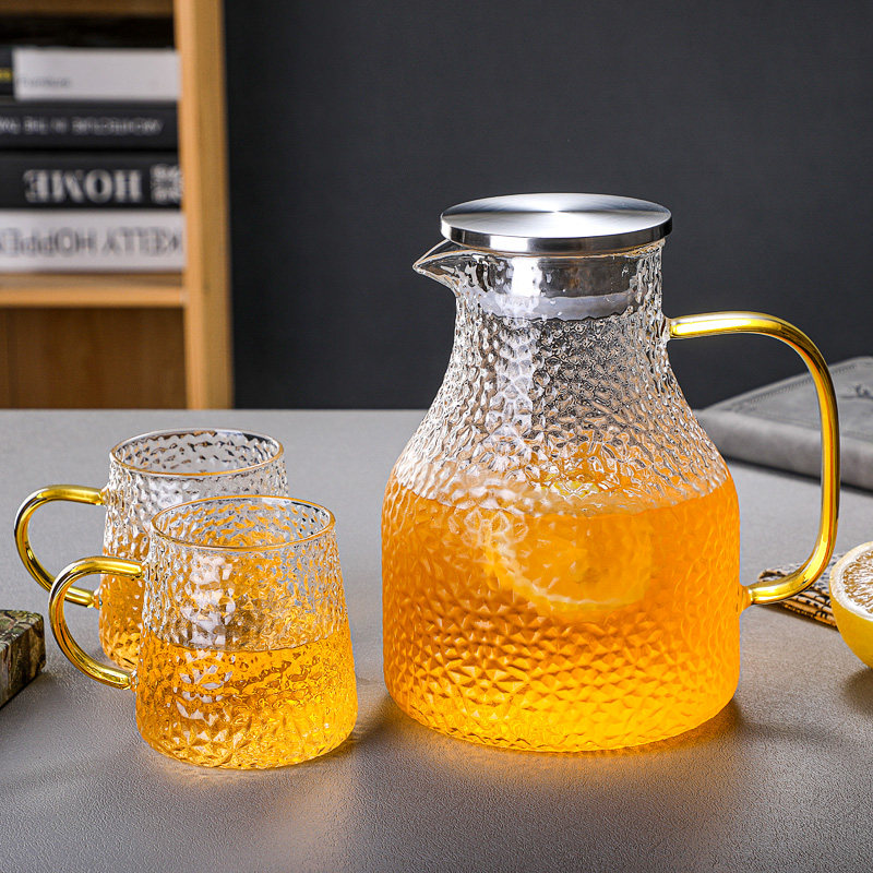 家用凉水壶套装锤纹耐热玻璃冷水壶白开水杯组合耐高温泡茶壶扎壶