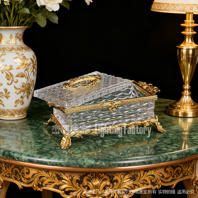 欧式全铜透明水晶玻璃纸巾盒奢华高档客厅餐厅创意家用摆件抽纸盒