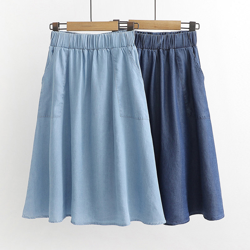 2021 Summer new Tencel Thin section soft Mid length version Denim skirt Elastic waist Double pockets full marks Middle-skirtin the Women's clothing/Boutique , Skirts  category - from Buy2taobao.com to provide professional Taobao agent buy service