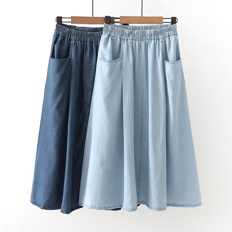 2021 Summer wear Tencel Thin section soft Mid length version Denim skirt Elastic waist Double pockets Overknee Borneol skirtin the Women's clothing/Boutique , Skirts  category - from Buy2taobao.com to provide professional Taobao agent buy service
