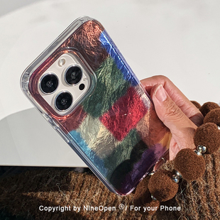 九点半ins风复古羽纱渐变拼色格纹色块适用苹果16promax手机壳iphone15promax 13全方块防摔保护套 14pro