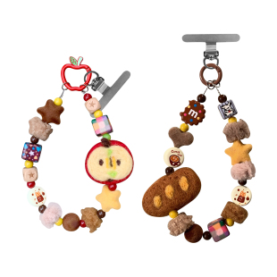九点半手工冬季 复古新年毛绒可爱苹果面包毛毡串珠手机壳挂绳链条