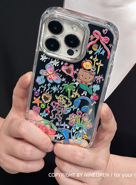 九点半涂鸦字母蝴蝶黑皮KT天使镜面星星适用于苹果17promax/16PM手机壳iPhone17Pro防摔3补妆镜少女心保护壳