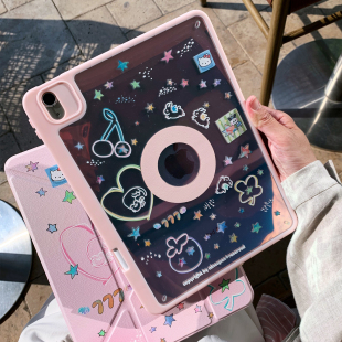 九点半ins风粉色星星kt喵平板壳适用于苹果2026新款 iPadAir811寸720°旋转折叠保护套第十二代亚克力平板华为