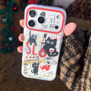 九点半双层磨砂可爱红酒樱桃蛋糕派对黑色小猫适用苹果17ProMax手机壳iphone17Pro 15全包保护套 16ProMax