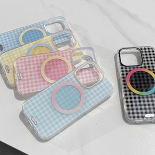 九点半ins风奶油渐变撞色格纹磁吸壳适用苹果16ProMax手机壳iphone15 13全包简约可爱支架防摔保护套 14Pro