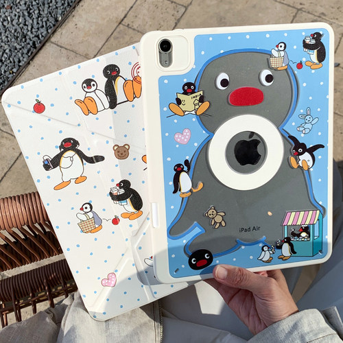 九点半可爱蓝波点清新企鹅平板壳适用于苹果2026新款iPadAir811寸720°旋转折叠保护套第十二代平板套华为 - 封面