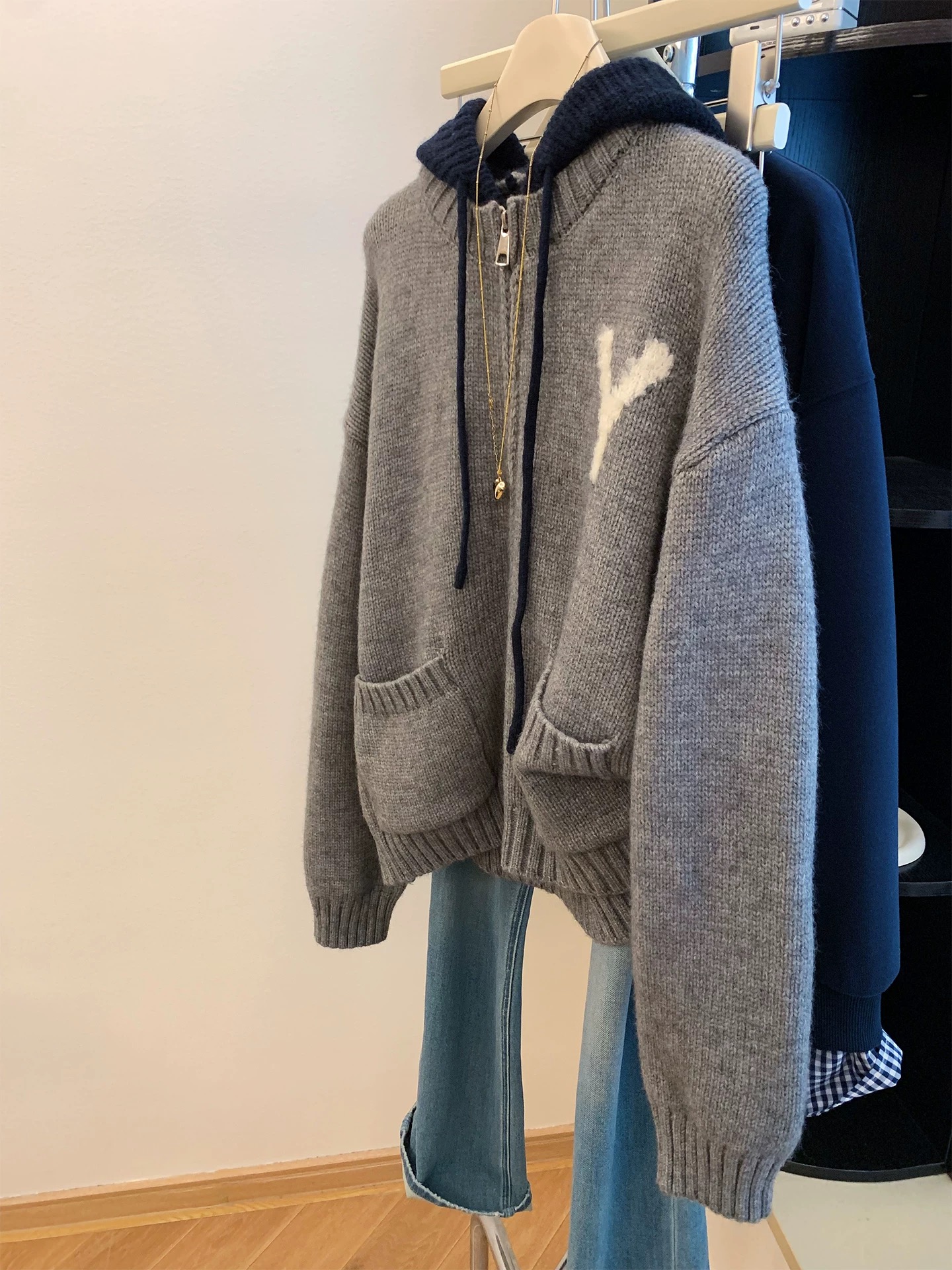 灰色拼接假两件连帽针织开衫外套毛衣女秋冬大版宽松慵懒韩系上衣