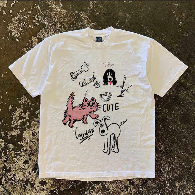 IGEUMM 230G 헤비급 불투명 CUTE 귀여운 강아지 프린트 반팔 남성 및 여성 커플 루즈 라운드 넥 티셔츠