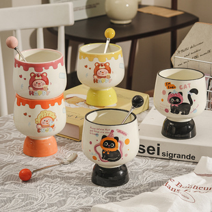 创意陶瓷雪糕杯带勺家用冷饮杯啤酒杯马克杯礼盒伴手礼高级感杯子