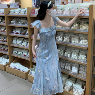 连衣裙温柔海边度假风长裙子女 小香风蓝色方领小飞袖 2024夏季 新款