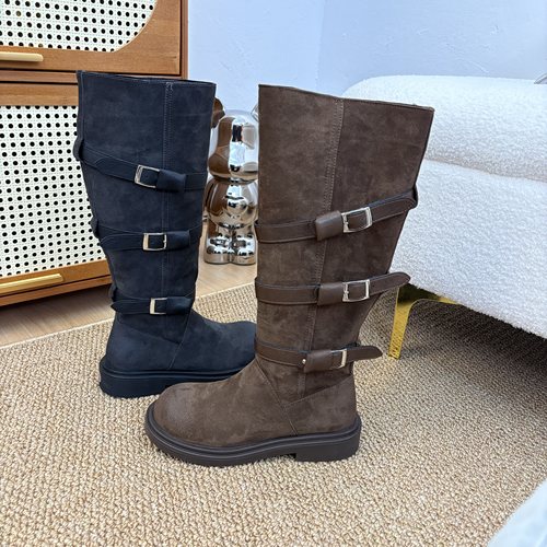 欧货2025秋冬新款复古皮带扣西部靴不过膝真皮骑士靴长筒堆堆靴女