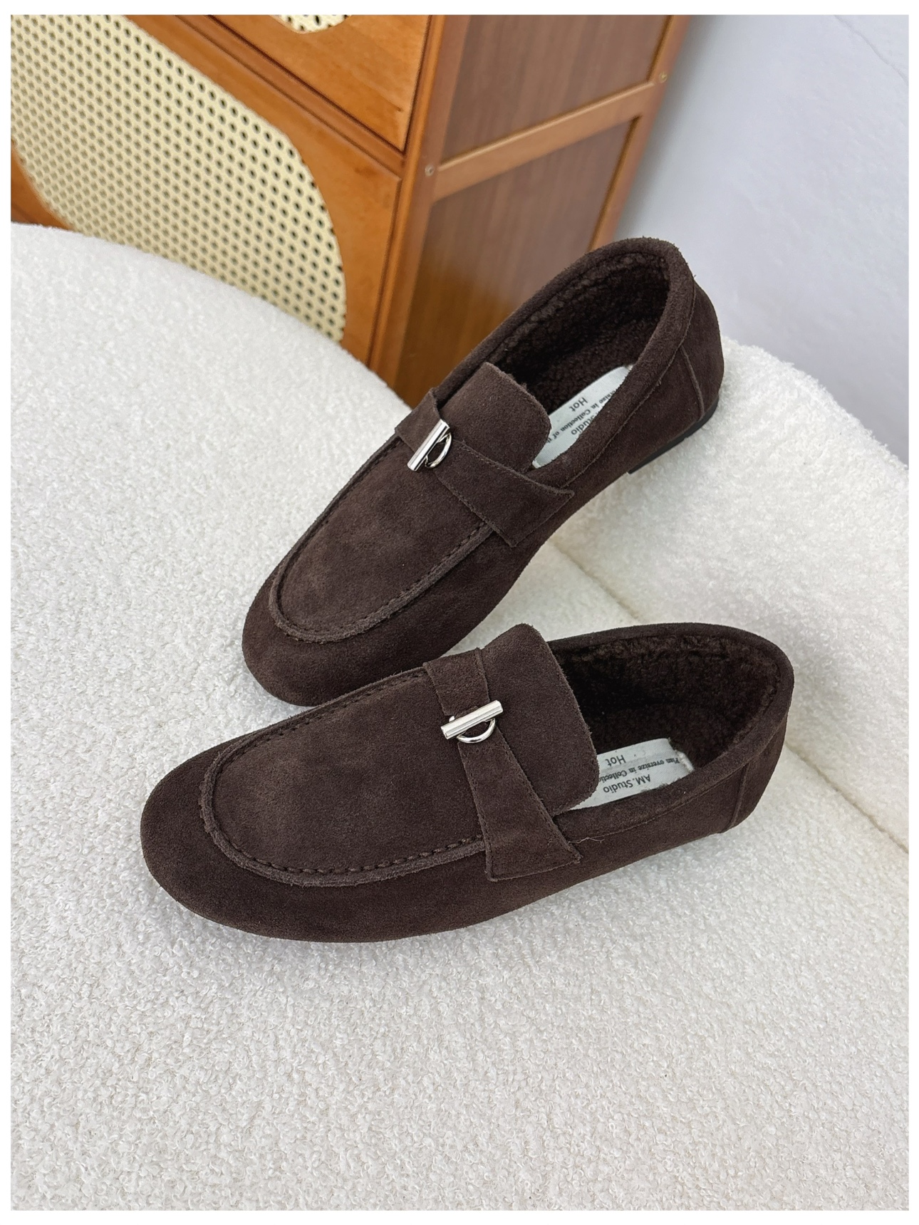 磨砂牛皮真皮平底勃肯鞋女冬款加绒保暖棉鞋一脚蹬懒人鞋豆豆鞋潮