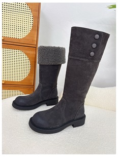 欧货真皮厚底高筒靴羊羔毛雪地靴女2025冬季 百搭休闲两穿牛皮棉靴