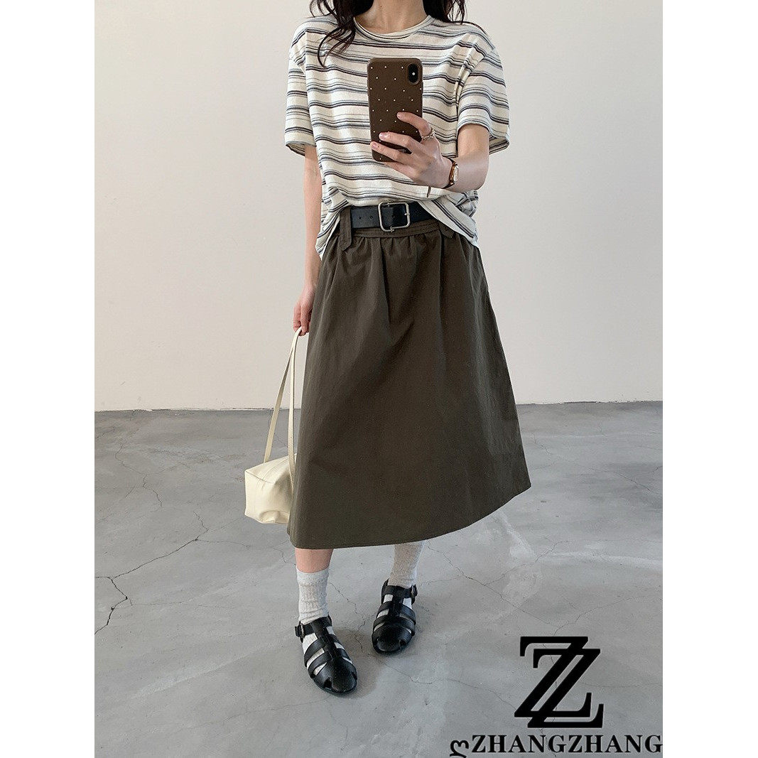 春夏条纹上衣+高腰显瘦半身裙女