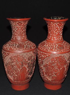 鼎浩古玩 古董杂项收藏品 老漆器 剔红 花瓶一对 包老古董 老物件