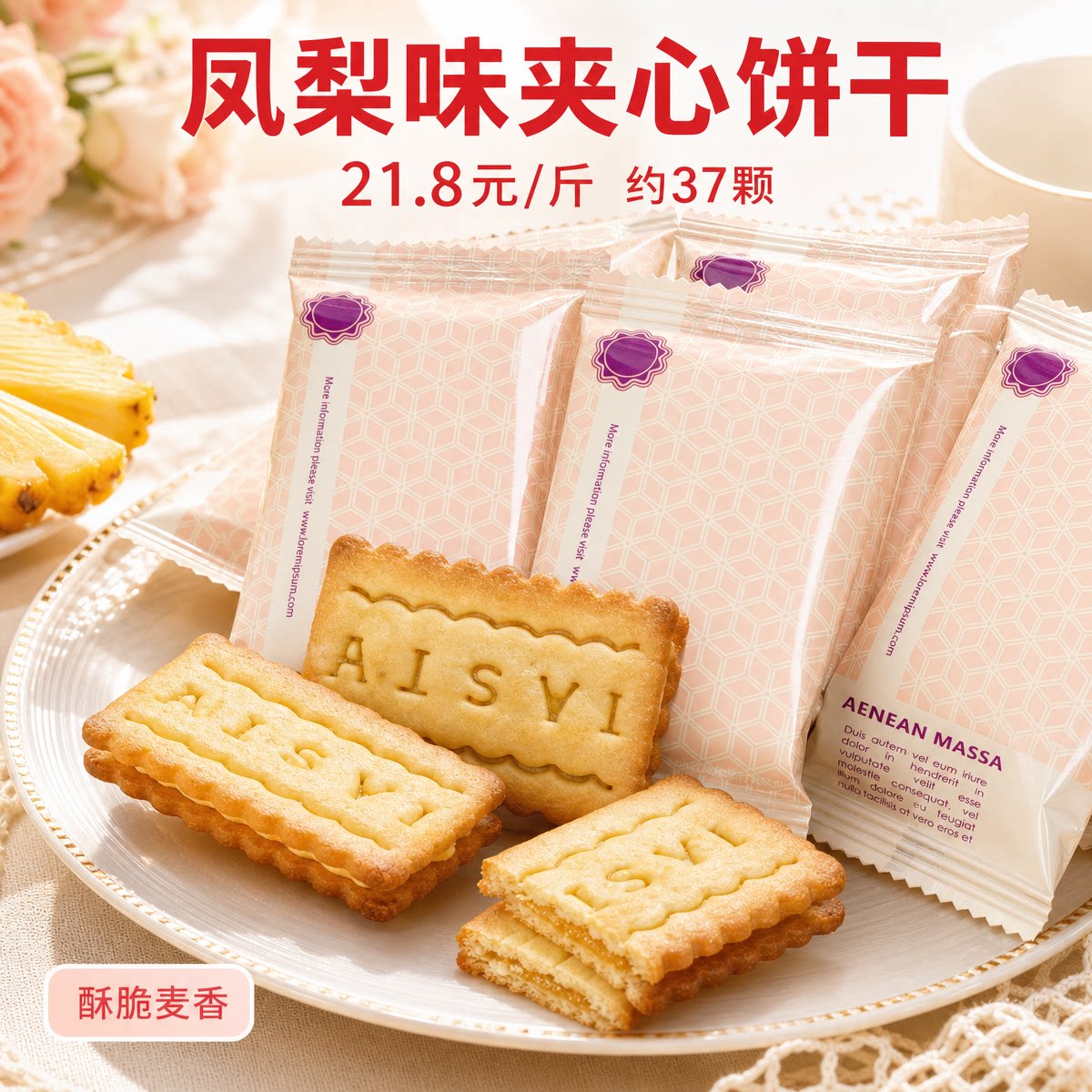 瑞仕雅咔啦咪啦凤梨味夹心饼干酥脆麦香办公室下午茶解馋零食散装