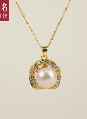 古名珍珠吊坠 14K注金几何圆环珍珠项链女11-12mm送妈妈女友礼物G