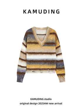 KAMUDING2025新款A21渐变色条纹V领长袖毛衣秋冬针织上衣25558