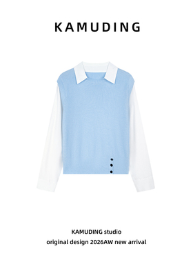 KAMUDING2026新款时尚休闲宽松百搭设计师假两件针织衫26041H