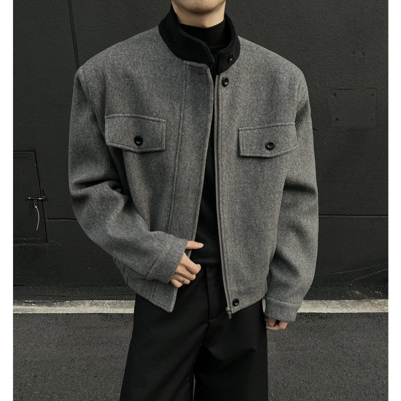 老钱风复古毛呢立领短款大衣男
