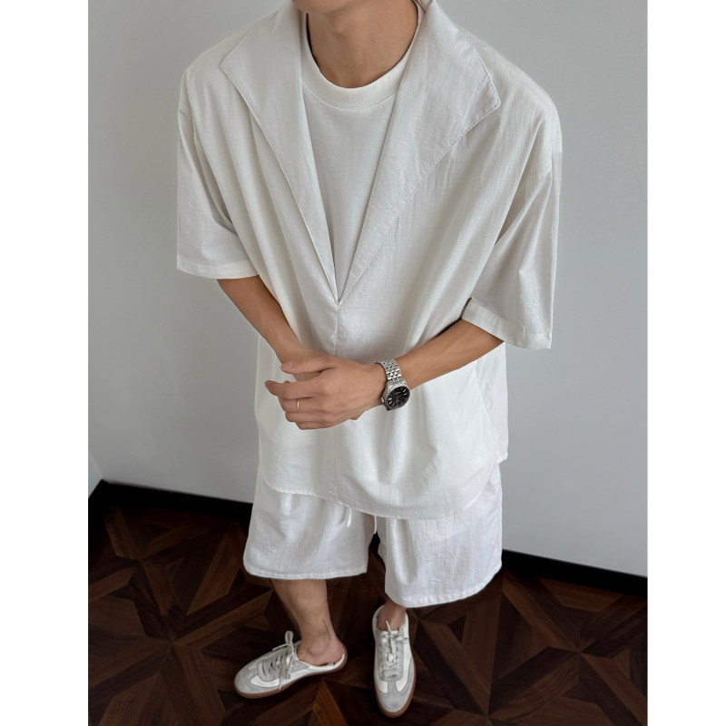 假两件亚麻套装男短袖衬衫短裤