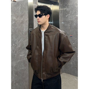 2025秋冬美式 机车皮衣棒球领潮牌上衣 潮流复古皮夹克外套男短款