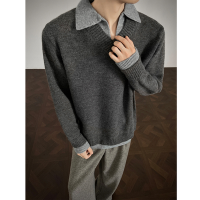 假两件毛衣男冬季翻领冬季加厚