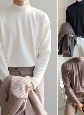 韩版秋冬季德绒半高领打底衫男宽松潮内搭黑色中高领秋衣长袖T恤