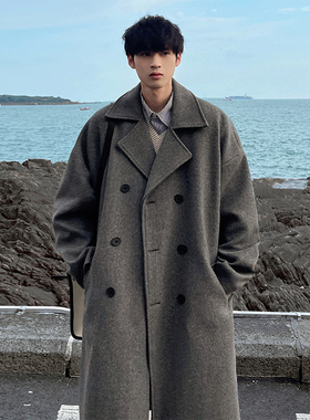 冬季毛呢大衣男中长款过膝西装领双排扣呢子风衣外套加厚ins潮流