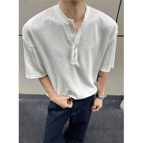 老钱风亨利领针织短袖男夏季薄款