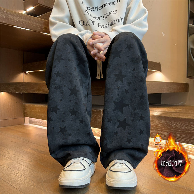 2025冬季五角星印花加绒加厚休闲长裤男青少年宽松直筒运动裤卫裤,男装,卫裤,淘宝优惠券,粉丝福利购,淘宝优惠卷